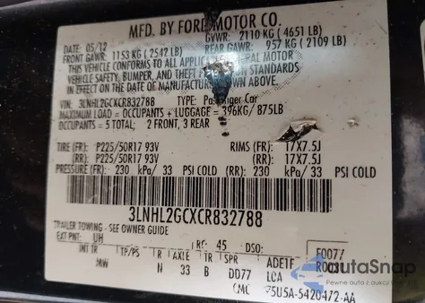 2012 Lincoln Mkz from USA, damaged, VIN 3LNHL2GCXCR832788